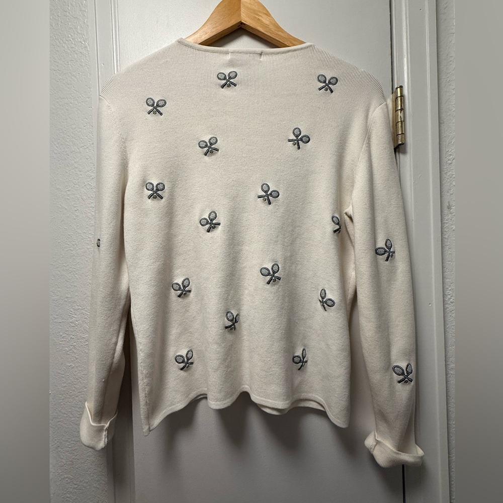 Carole Little Embroidered Tennis Racket Cardigan Cotton Sweater Ivory | Size L - Picture 3 of 5